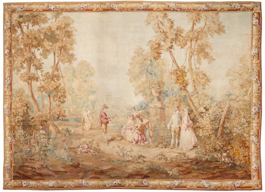 Arazzo francese Aubusson del XVIII secolo con scena campestre e urna di fiori