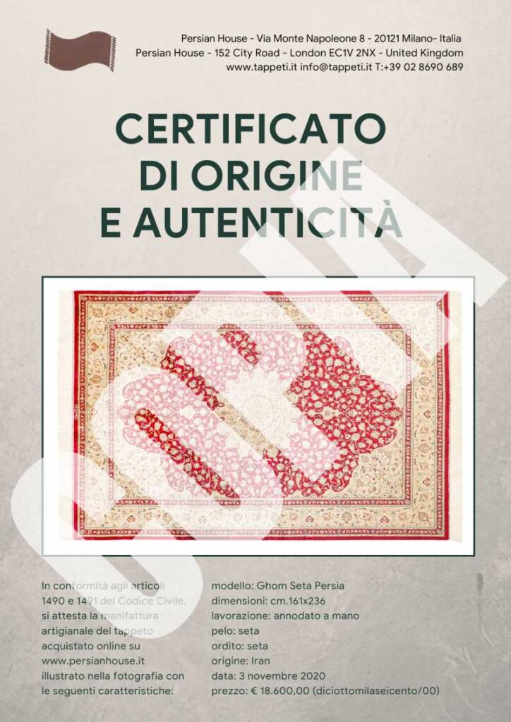 Certificato di origine e autenticità per un tappeto persia annodato a mano di TAPPETI.it