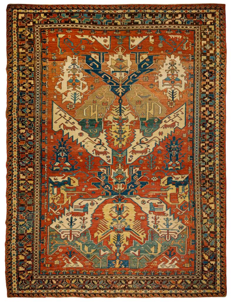 Tappeto caucasico Dragon Sumak del 1860 con motivi arcaici e colori vivaci