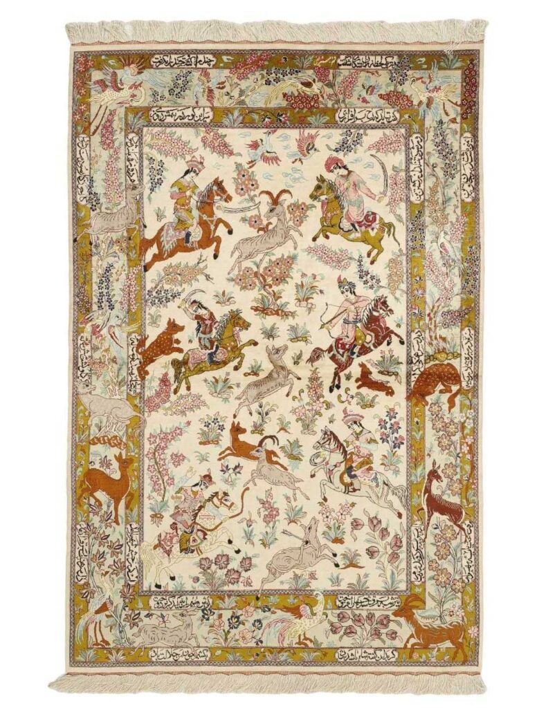 Tappeto persiano Ghom in seta pura, 128x194 cm, annodato a mano, di grande valore e pregio artigianale.