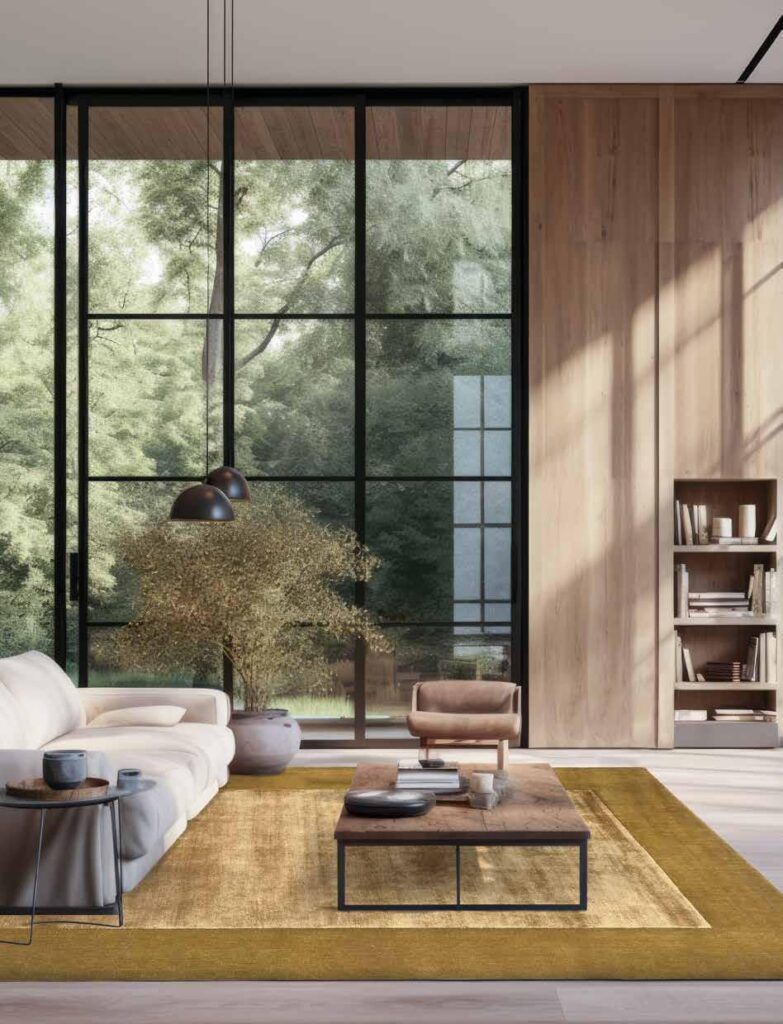 Tappeto Brianne Gold di Sitap in lana himalayana e viscosa con design a cornice, posizionato in un salotto moderno e minimalista