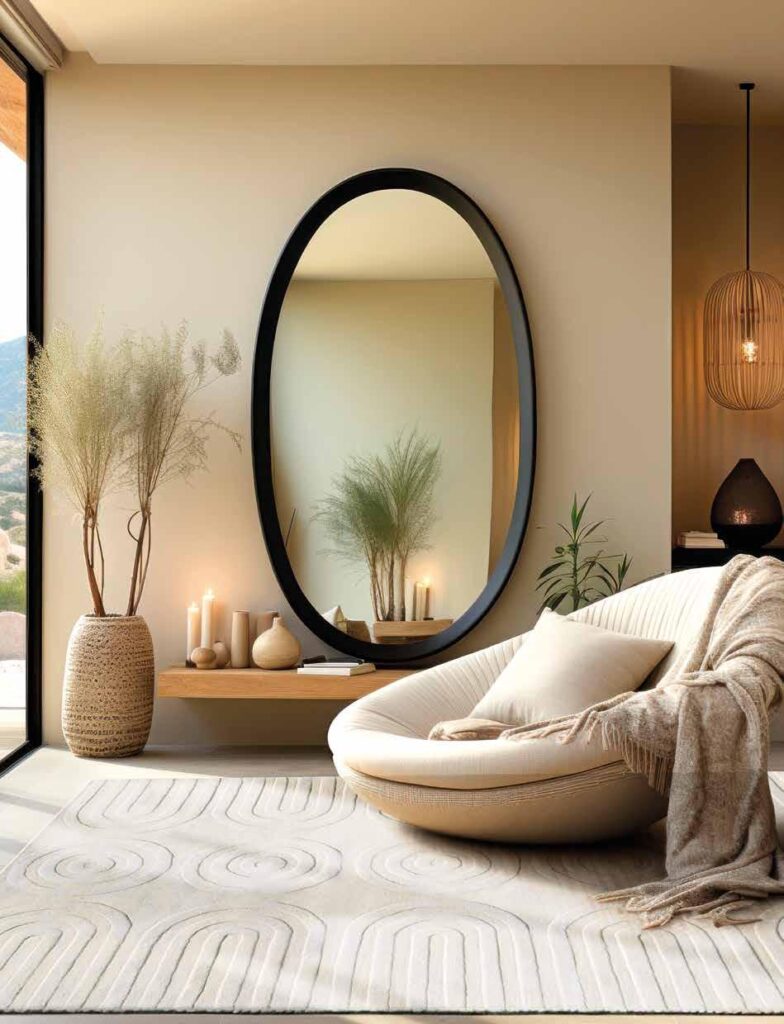 Tappeto Soleil di Sitap in pura viscosa color porcellana con motivo a rilievo tono su tono, collocato in un ambiente moderno e minimalista con arredi curvilinei