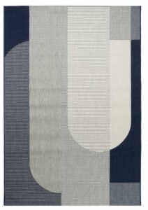 Tappeto moderno Madera di Carpet Decor con motivi geometrici in blu, grigio e bianco, per uso interno ed esterno.