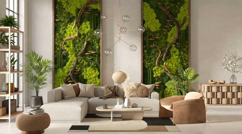 Tappeto moderno Lisboa beige e bianco di Carpet Decor in un salotto elegante con arredamento naturale