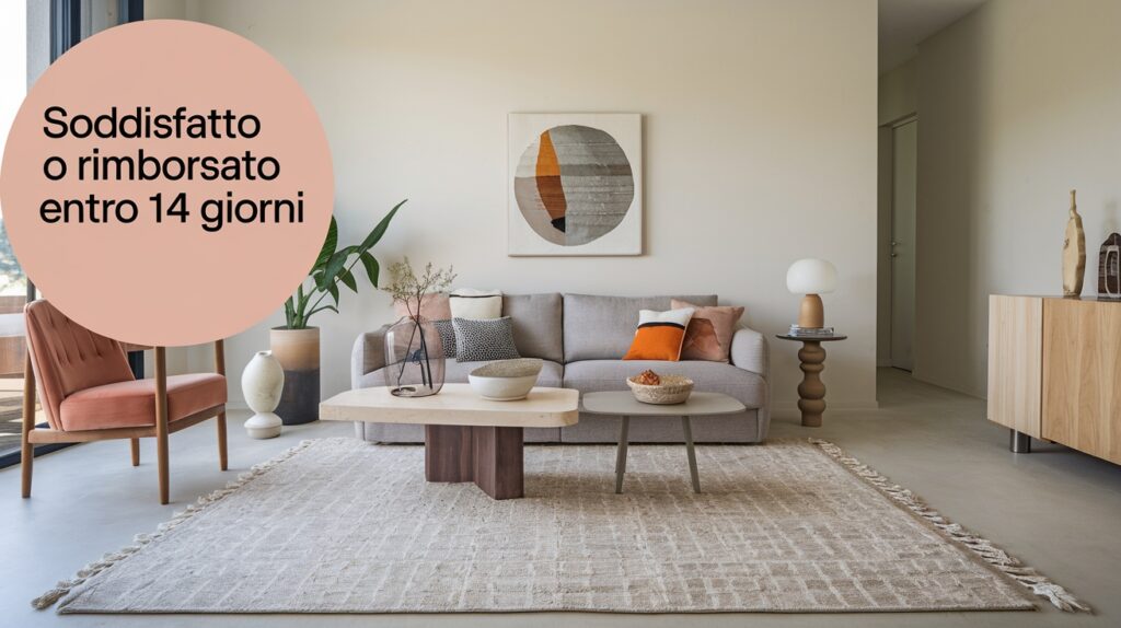 Tappeto naturale con frange e texture geometrica in un soggiorno moderno con divano grigio e dettagli in tonalità calde