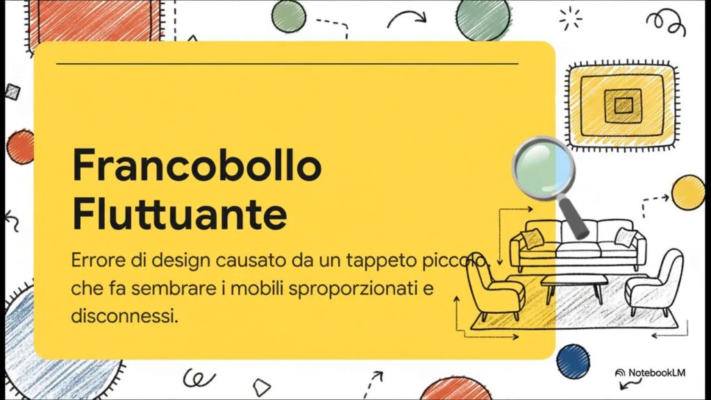 Errore francobollo fluttuante nel salotto: tappeto troppo piccolo rispetto ai mobili
