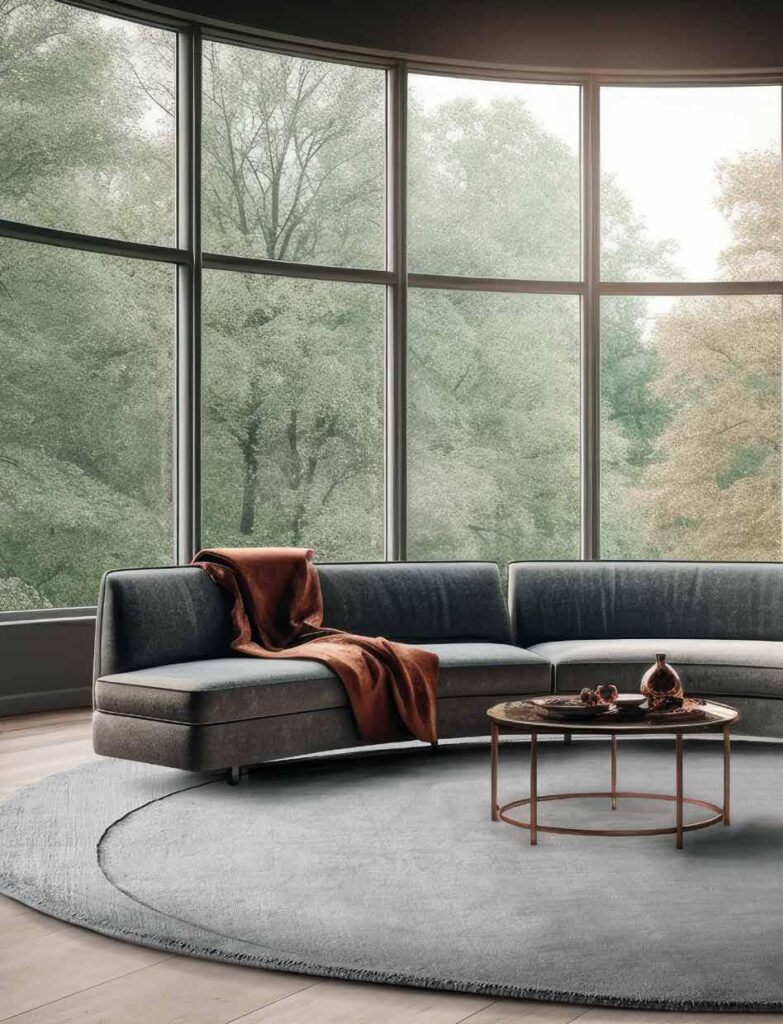 Tappeto rotondo Moon Grey di Sitap in viscosa, con design ispirato alle fasi lunari, posizionato in un soggiorno moderno con ampie vetrate