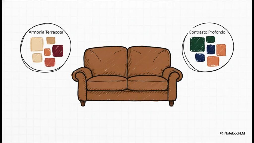 Esempio di abbinamento colori tappeto con divano marrone: armonia terracotta o contrasto profondo