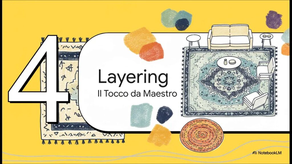 Esempio di layering nel salotto con tappeti sovrapposti in stile moderno e colori a contrasto