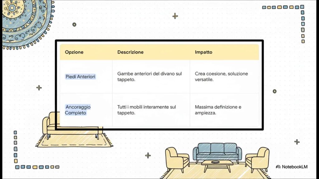 Confronto tra ancoraggio con piedi anteriori e ancoraggio completo dei mobili sul tappeto in salotto