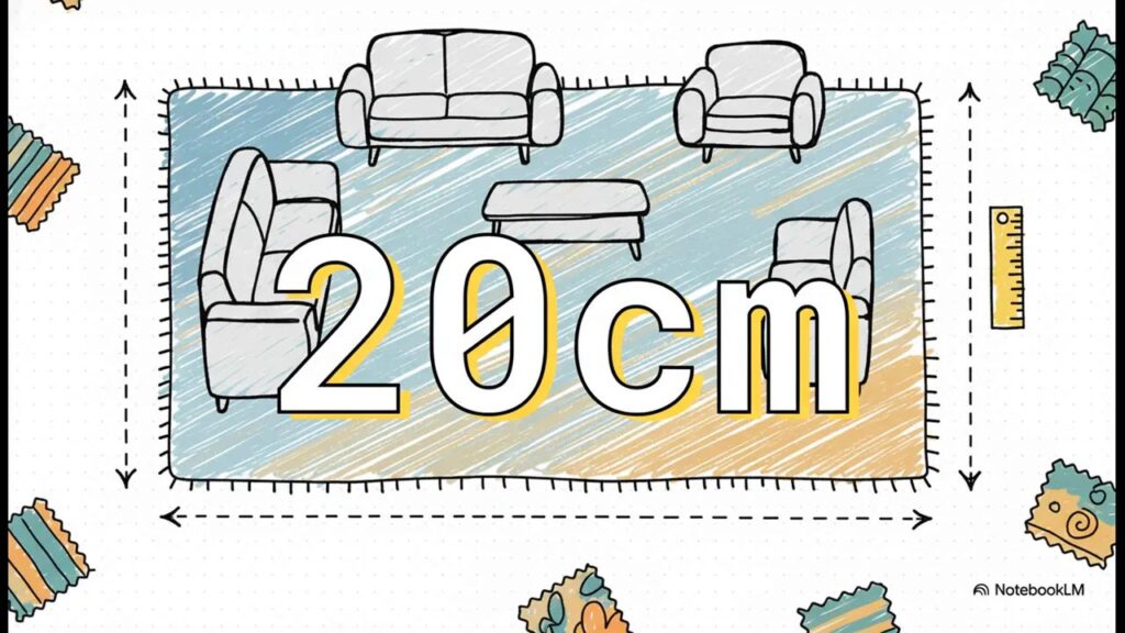 Schema con regola dei 20 cm per tappeto salotto: proporzioni corrette rispetto ai mobili